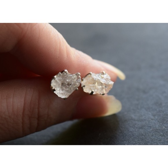 raw stone earrings, natural crystal studs in sterling silver - Picture 5 of 5